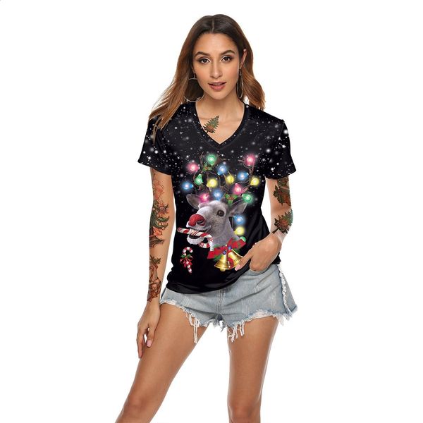 Camiseta feminina com estampa 3D de rena com estampa digital com decote em V 231116