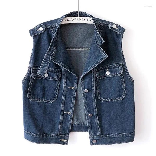 Damenwesten Vintage Dunkelblau Stehkragen Tasche Denim Weste Frauen Weste Koreanische Cowboy Ärmellose Jacke Lose Kurze Jeans Weiblich