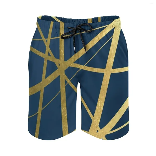 Herren-Shorts, Marineblau und Gold, luxuriöse Surf-Strand-Boardshorts, Patchwork-Surf-Badekurzhose, geometrische Linien