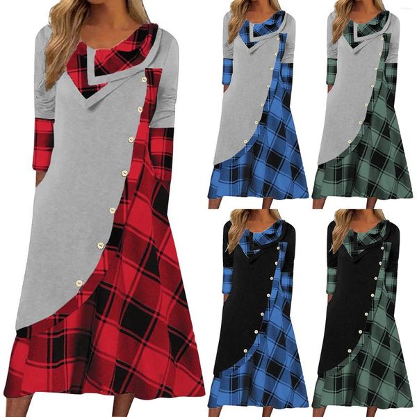 Abiti casual Moda donna Plaid Splice Manica lunga Abito ampio Vacanza al mare Bottone con scollo a V Vestito estivo