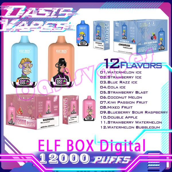 Original ELF BOX Digital 12000 Puff Bars Einweg-Vape-Stift E-Zigaretten 23 ml vorgefüllte Pods-Patrone 500 mAh wiederaufladbare Batterie Puffs 7K