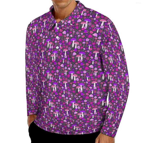 Polo da uomo Funghi carini Polo da uomo Camicia casual viola e rosa Colletto moda autunnale T-shirt oversize con motivo a maniche lunghe