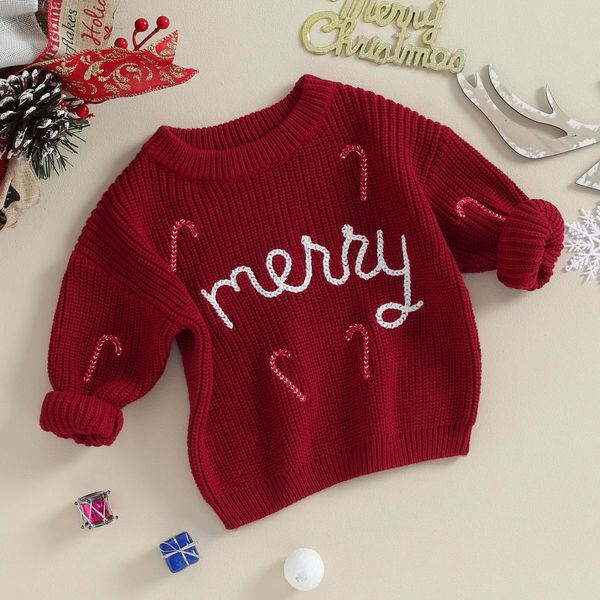 Pullover Frohe Weihnachten Kinder Kleidung Mädchen Jungen Gestrickte Pullover Langarm Candy Cane Stickerei Häkeln Kinder Strickwaren 231115