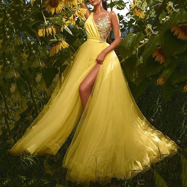 Amarelo elegante vestidos de noite sem mangas com decote em v vestidos de festa de baile apliques flor tule com fenda lateral linha a 2023