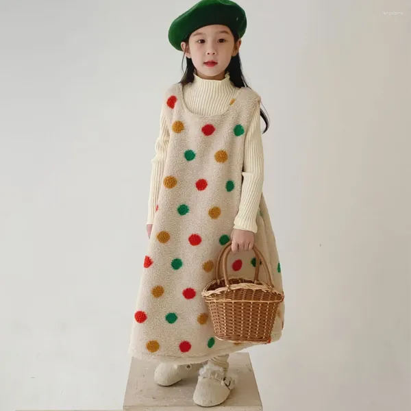 Vestidos da menina crianças vestido 2023 outono inverno bebê meninas estilo coreano cor bolinhas pele vestido de verão sem mangas lã cordeiro casual bonito