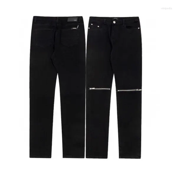 Jeans da uomo AMR Fashion Brand High Street Punk Pantaloni con cerniera neri Pantaloni da moto slim fit elasticizzati