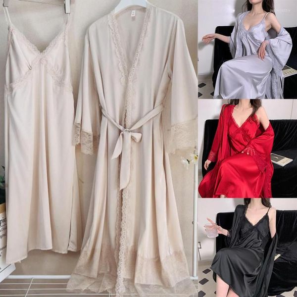 Kadın pijama kadın uzun ikiz set robe seti bahar yaz kimono bataklık elbisesi seksi dantel trim gecelik gevşek saten ev elbisesi