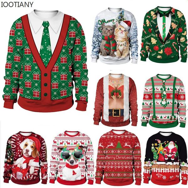 Мужские свитера Зеленый женский уродливый рождественский свитер Веселый и милый подарок Кот Санта-Клаус с 3D-принтом Парашютный топ Осенне-зимнее пальто 231115