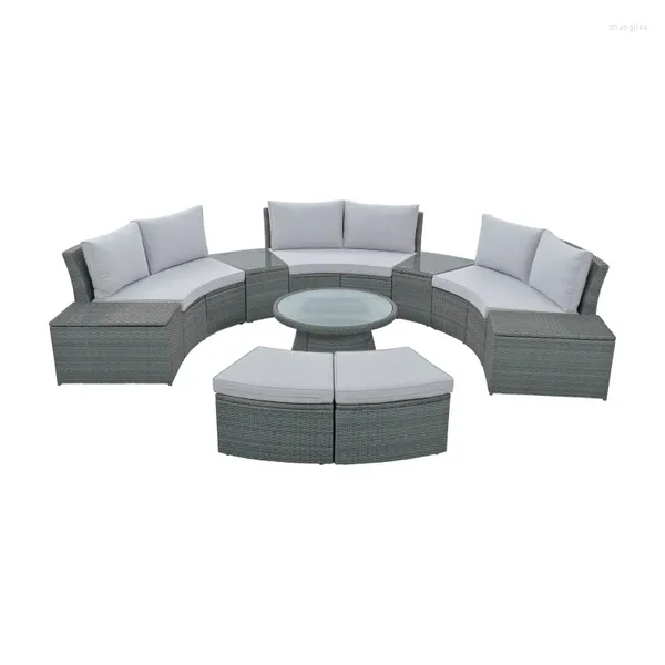 Mobili da campeggio 10 pezzi Set di divani in rattan per patio semicircolari per esterni componibili in vimini PE Conversazione per combinazione libera Grigio chiaro
