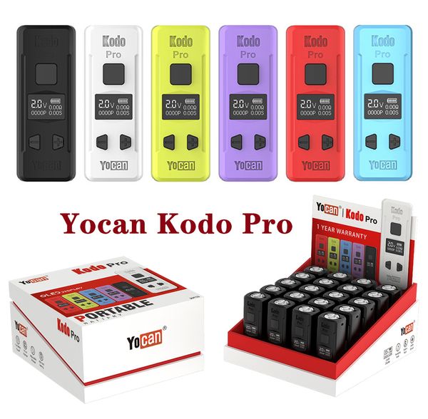 Yocan Kodo Pro Batteria Mod 400mAh Batterie per sigaretta elettronica Preriscaldamento Penna Vape a tensione regolabile per 510 carrelli Cartucce di olio Schermo OLED 6 colori 20 pezzi / scatola