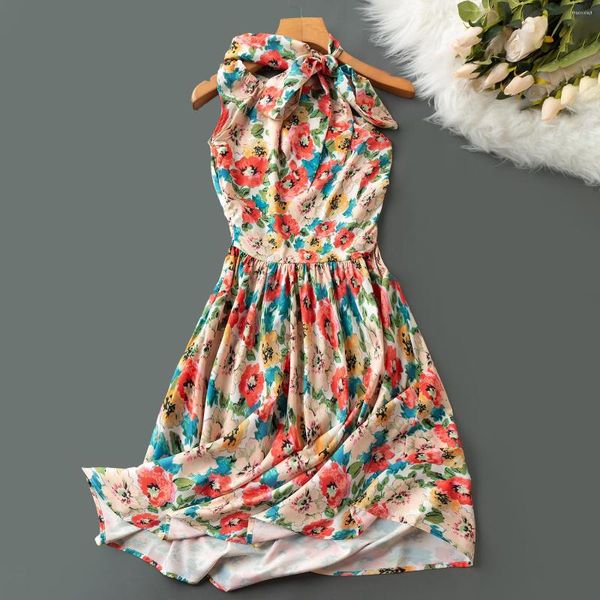 Vestidos casuais 2023 Verão Classic Girls Print Flower Women Idade Reduce o ombro diagonal Design de punho único Lace sem alças