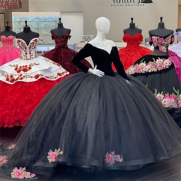 Vintage preto veludo quinceanera vestidos de 15 anos dezesseis festa de aniversário halloween doce 16 quinze xv vestido 2024 elegante debutante baile de formatura flor