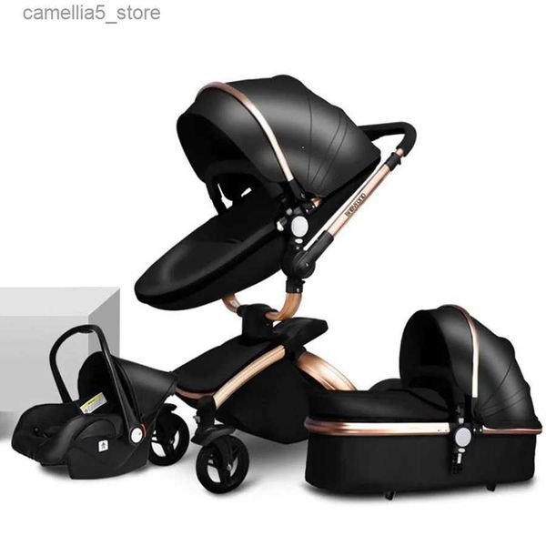 Passeggini # Passeggino 3 in 1 in pelle di lusso Sospensione bidirezionale 2 in 1 Passeggino Seggiolino auto di sicurezza Culla neonato Carrozzina per bambini Piega Q231116