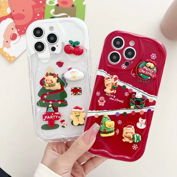 Koreli sevimli 3d karikatür Noel ayı ağaç dalga kenarı kılıfı iPhone 15 14 13 12 Pro Max 11 15plus güzel elk şok geçirmez yumuşak kapak