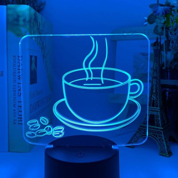 Luci notturne Lampada da tavolo colorata modello tazza di caffè con luce ottica acrilica 3D per l'arredamento del negozio, gadget fantastici, decorazione per la casa dell'ufficio