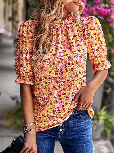 Blusas femininas bohemia estampa floral vintage feminino camisetas casuais com-gola curta tampos rosa básicos blusas de verão elegantes para 2023