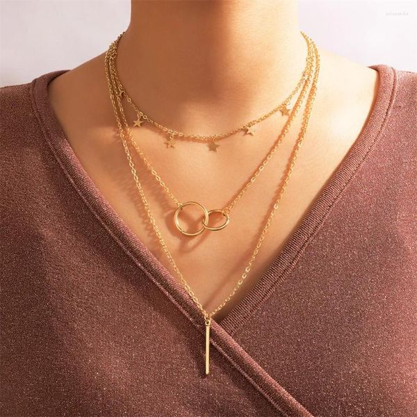 Anhänger Halsketten Vintage Boho Choker Kette Gold Farbe Geometrische Stern Lange Bar Schnalle Halskette Für Frauen Mode Multilevel Schmuck Geschenk