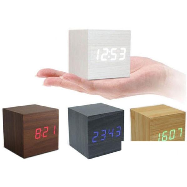 Schreibtisch Tischuhren Holz Stil Uhr Uhren Cube Led Alarm Control Digital Schreibtisch Holz Raum Zeit Datum Temperatur Funktion Hause drop D Dhuym