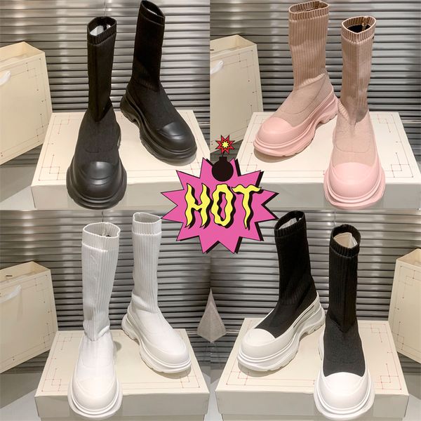 Modische Graffiti-Strick-Slick-Stiefel für Damen, Weiß, Silber, Schwarz, Rosa, Designer-Plateaustiefel, Damen-Luxusschuhe, EUR 35–40, UK 2–7