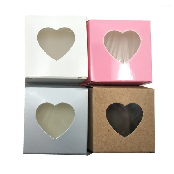 Confezione regalo 5x5x5 cm Mini Coloful Piazza Confezione di carta Kraft Scatola con finestra a forma di cuore Regali pieghevoli Display Confezione di cioccolato per feste