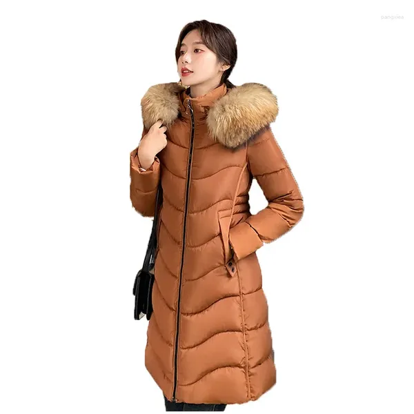 Dames Trenchcoats 2023 Winterjas Dames Rood Groen Lange Parka Jas Koreaanse Mode Slanke Bontkraag Capuchon Dikke Warme Dons Katoen N1454