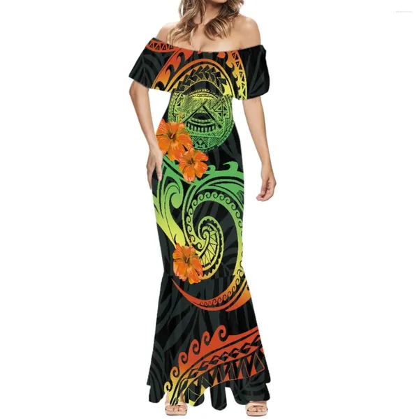 Freizeitkleider Cumagical Party Mode Sexy One-Shoulder Hawaiian Tattoos Print Strandkleid Formeller Anlass Damen Kurzarm Fischschwanz