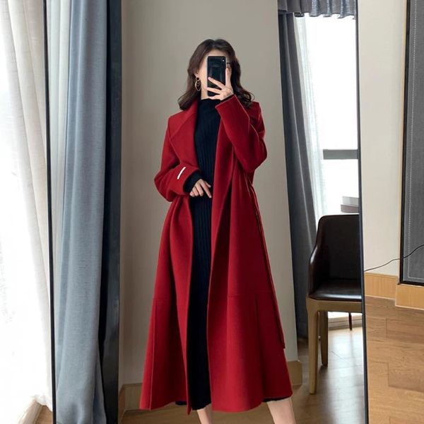 Pelliccia da donna in finta pelliccia MEXZT Cintura lunga in lana Cappotto vintage in lana con lacci Cappotto coreano con fasciatura spessa Giacca invernale elegante Red Chic Outwear 231115