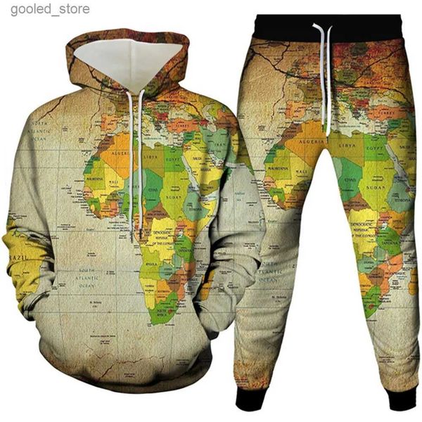 Tute da uomo Mappa del mondo retrò Africano Europeo Oceano Asiatico Stampa Abbigliamento da uomo Tuta Felpe con cappuccio Pantaloni sportivi 2 Pezzi Come Homme Set Taglia S-6XL Q231117