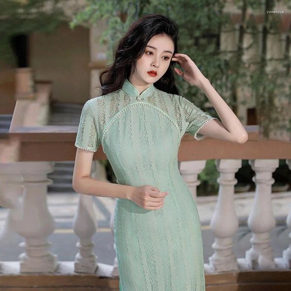 Ethnische Kleidung Damen Grün Weiß Spitze Cheongsam Kurzarm Vintage Formelle Kleidung Plus Size Show Kostüme Chinesischer Stil Mittellanges Qipao