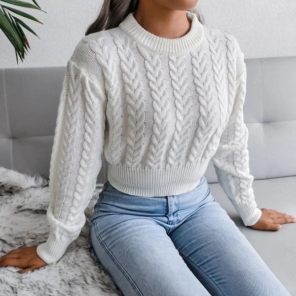 Maglioni da donna Crop Cable Knit Maglione bianco Manica lunga Girocollo Pullover Maglione da donna Morbido Ragazze Autunno Inverno Spessore caldo Maglieria 231115