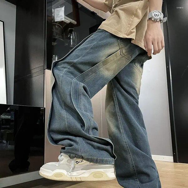 Jeans masculinos gmiixder retro lavado retalhos para homens mulheres hip hop calças de tubo reto americano high street skate listras