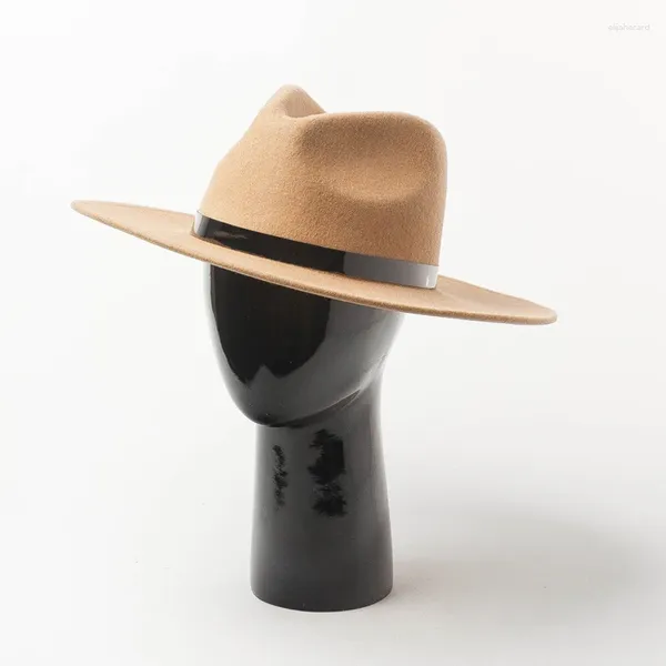 Berets outono inverno clássico lã chapéu de feltro para mulheres aba larga fedora simples faixa de couro pu fascinator sombrero mujer