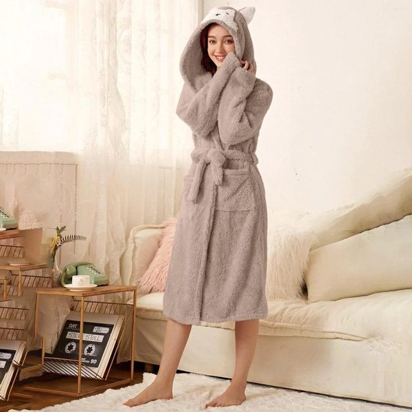 Женская одежда для сна, халат с капюшоном из мультфильма, 2023, зимние пижамы, утепленный плюшевый халат Kawaii, халат с ушками