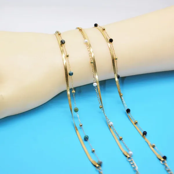 Link pulseiras banhado a ouro aço inoxidável em camadas pulseira para mulheres pedra natural grânulo moda homens meninas jóias boho presentes