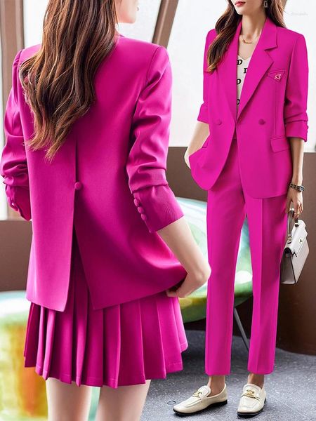 İş elbiseleri moda pembe siyah kahverengi bayanlar pantolon elbise resmi 2 adet set kadınlar iş giymek uzun kollu ceket blazer ve pantolon