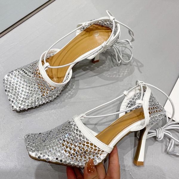 Nuovi sandali da donna in maglia di cristallo cava estiva di alta qualità punta quadrata passerella festa diamante moda sandali a spillo design tacchi alti taglia 35-42