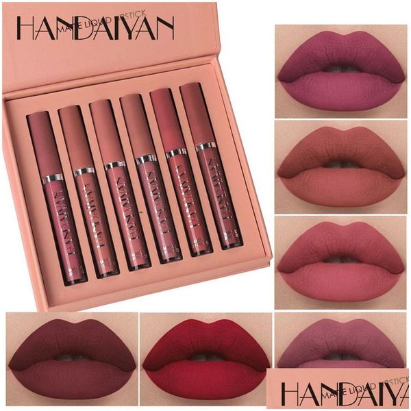 Conjuntos de maquiagem 6 Pçs / set Handaiyan Veet Matte Lip Gloss Roxo Vermelho Terra Nu Pigmento Longa Duração À Prova D 'Água Líquido Batom Creme Drop D Dh76Y