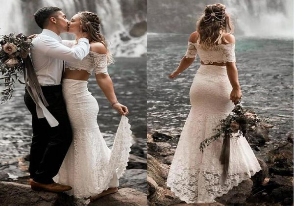 Laço branco de duas peças vestidos de casamento de praia 2021 lindo fora do ombro jardim boho vestidos de noiva vestidos de novia país weddi5285647