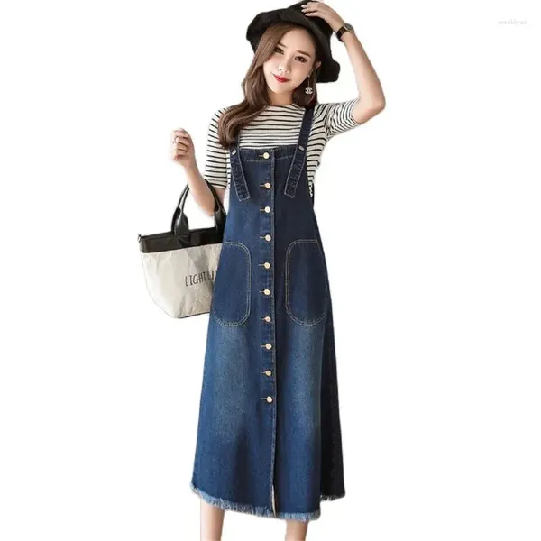 Casual jurken zomer dames denim jurk zonnejurk losse vrouwelijke effen knop verstelbare riem jeans blauw overall