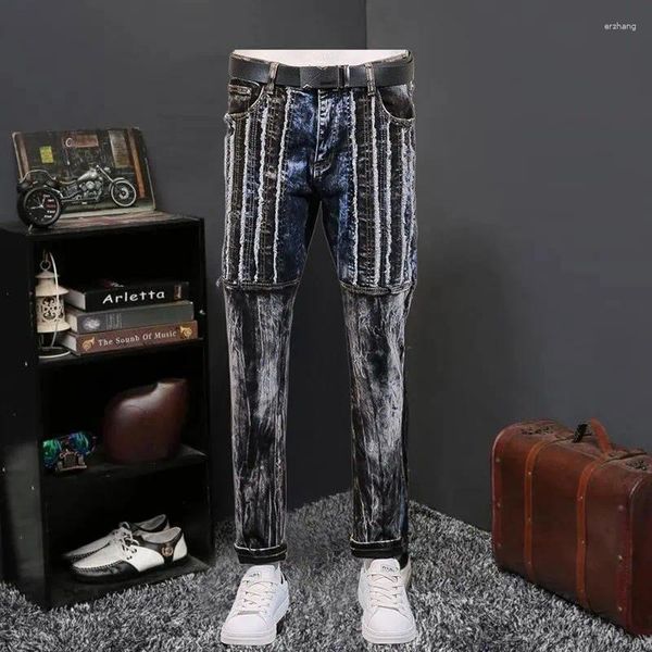 Jeans masculinos high street moda lavado vintage homens magro vaqueros hombre zíper calças personalizadas bootcut sem cinto para