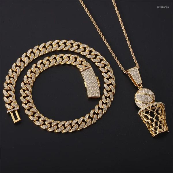 Correntes DZ Basquete Pingente 3 Peças 13mm Strass Miami Cuban Chain HipHop Gelado Out Bling Colares Moda Jóias Para Homem Presente