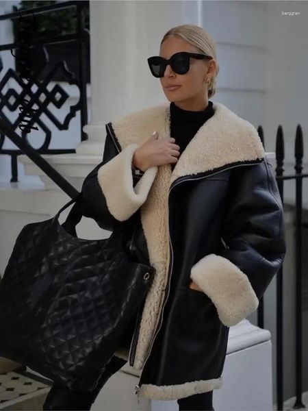 Giacca da donna in pelle alla moda elegante in shearling con risvolto chic tasca a maniche lunghe cappotto spesso invernale da donna caldo streetwear alto