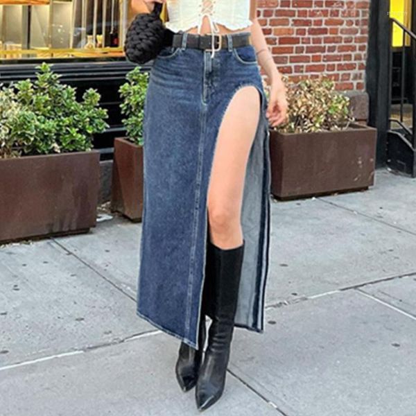 Saias azuis saia jeans de jeans longa maxi com fenda alta cintura midi mulher moda 2023 primavera verão sexy jean