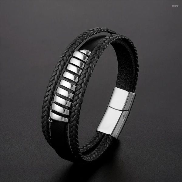 Link Armbänder Mode Luxus Design Geometrische Edelstahl Armband Multi-schicht Männer Leder Auswahl Magnet Geschenk Pulseira