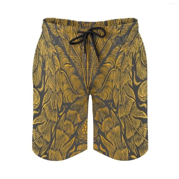 Shorts masculinos Plumagem - Amarelo Cinza Esportes Curto Praia Surf Natação Boxer Troncos Banho Damasco Penas Pássaros Gráfico