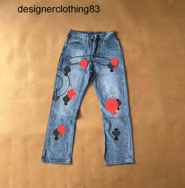 Designer di jeans da uomo Crea vecchi pantaloni dritti cromati lavati a forma di cuore Stampe di lettere per poster stile lungo casual da donna