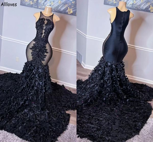 Klassische schwarze lange Meerjungfrau-Abend-Kleider für afrikanische Mädchen Jewel Neck Durchsichtig Sexy durchsichtige Abschlussball-Party-Kleider Spitze Fischschwanz Zweites Empfangskleid CL2172