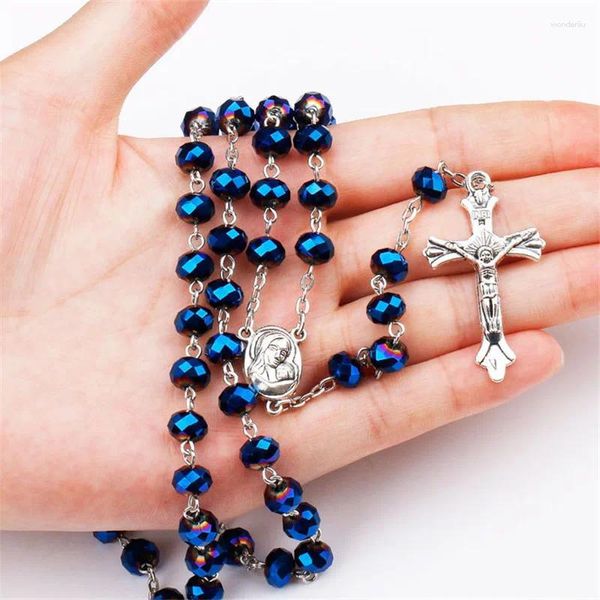 Anhänger-Halsketten Hochwertige Hämatit-Stein-Rosenkranz-Perlen-Halskette mit Jesus-Kreuz Langes blaues Glaskristall-Charme-Gebet Katholischer Schmuck