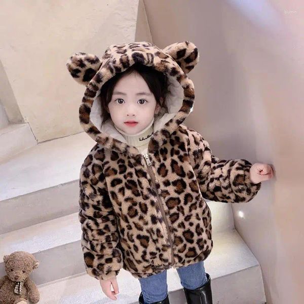 Jaquetas leopardo impressão inverno de pelúcia meninas jaqueta outono quente casacos de pele do falso para casaco de neve com capuz macio crianças ouertwear roupas