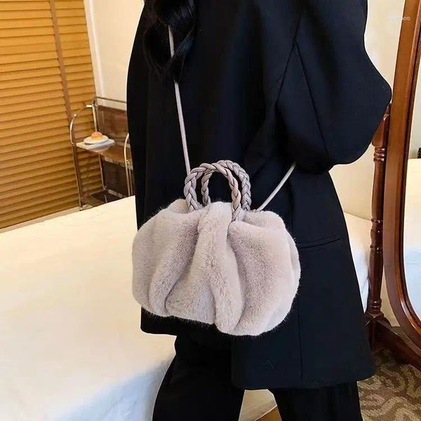 Marsupi 2023 Autunno Inverno Per Le Donne Imitazione Peluche Con Coulisse Corda Intrecciata Pieghettata Borsa A Tracolla Singola Bolsas Para Mujeres